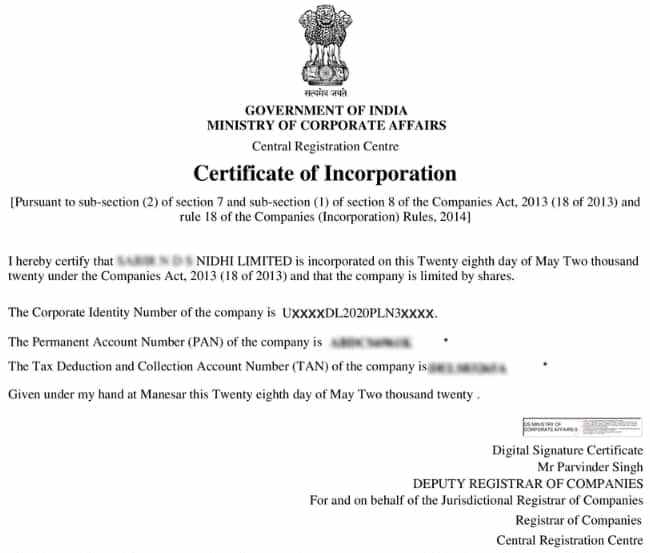 Nidhi Company Registration sample