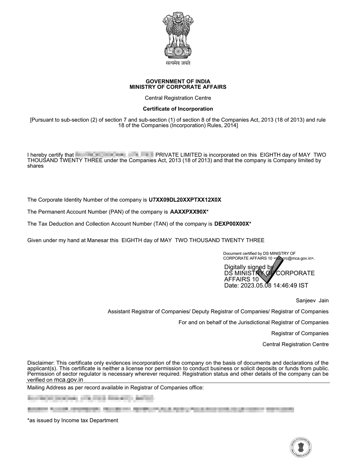 Certificate of incorporation Private Limited company